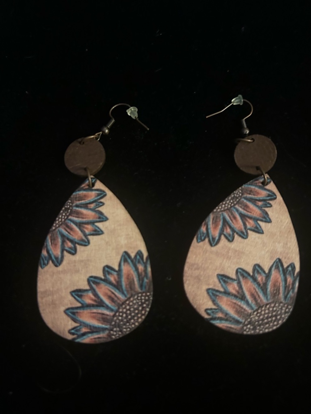 Hand-Painted Wooden Teardrop Sunflower Earrings in Blue and Brown